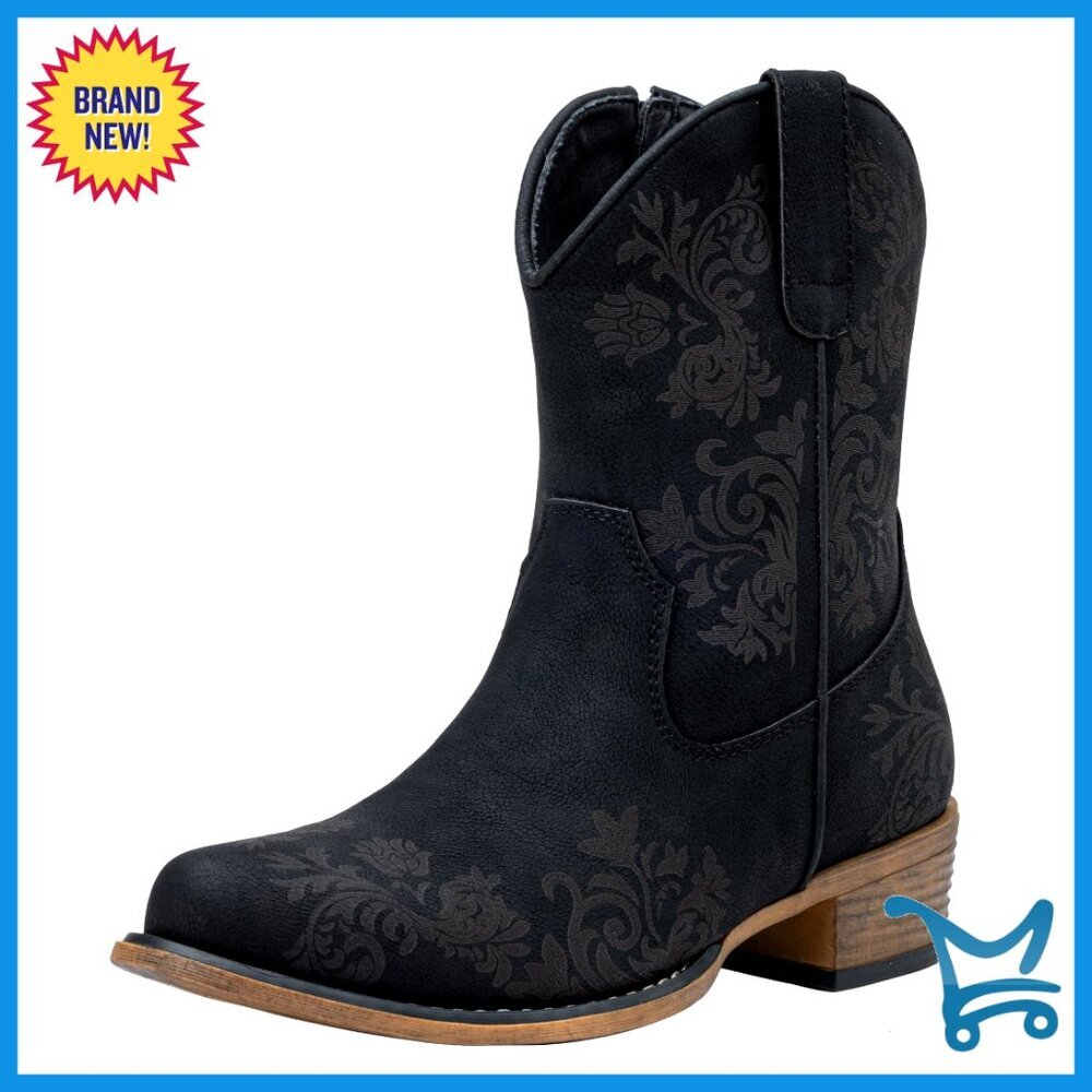 Women's Cowboy Ankle Booties with Square Toe Low Heel Zipper Western Boots